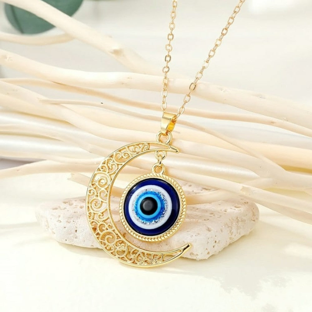 Gold Evil Eye Crescent Moon Pendant Necklace Pendants glitstudio   