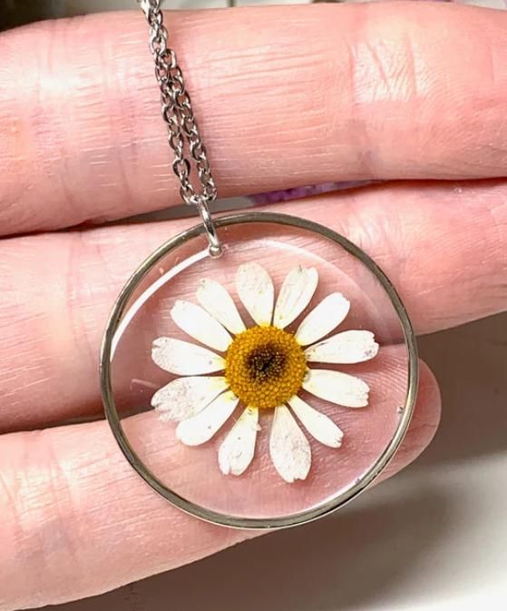 Natural White Daisy Preserved In Resin  Pendant For Men & Women  glitstudio   