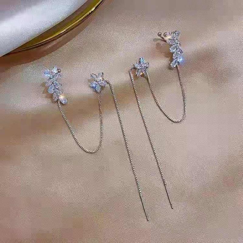 AVR JEWELS Korean Silver-plated Floral Stone Studded Ear Cuff With Long Chain Threader Earrings For Women And Girls 2Pcs/Set Studs glitstudio   