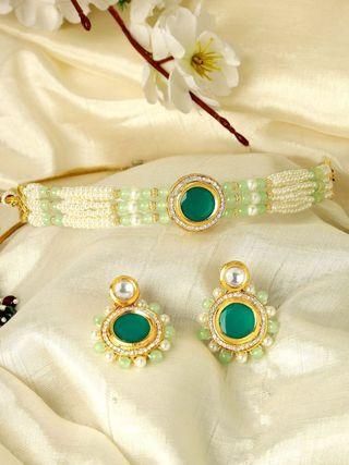 Karatcart Lime Green Beads and Pearl Beaded Green Polki Kundan Choker Necklace Set  Glitstudio   