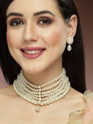 Karatcart Pearl Beaded Kundan Choker Necklace Set for Women  Glitstudio   