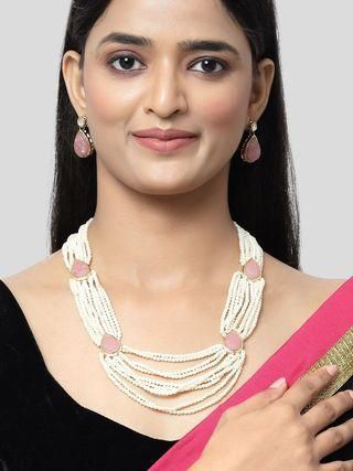 Karatcart Pink Carved Stone Studded Pearl Beaded Rani Haar Necklace Set for Women  Glitstudio   