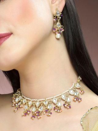 Karatcart Gold Plated Pink and Purple Crystal Kundan Necklace Set for Women  Glitstudio   