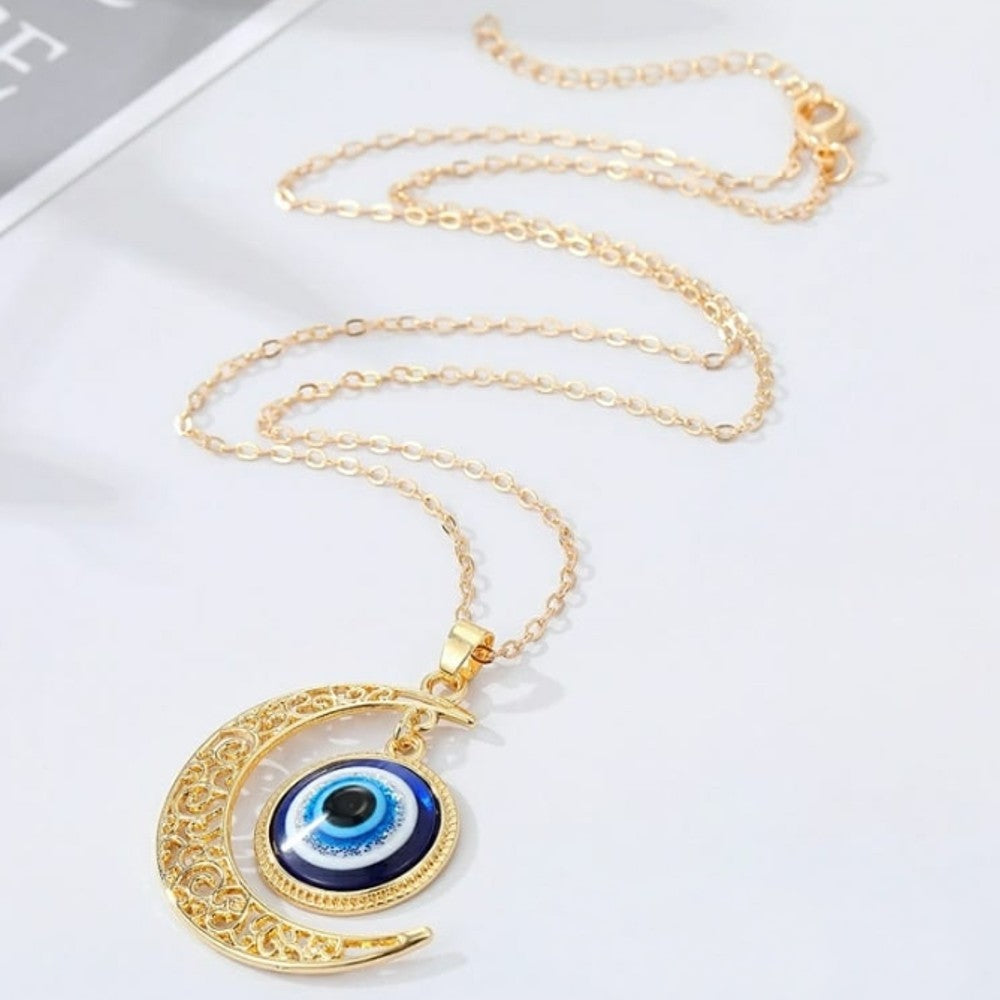 Gold Evil Eye Crescent Moon Pendant Necklace Pendants glitstudio   