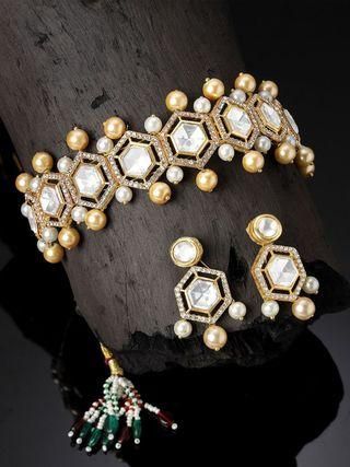 Karatcart Golden Pearl Studded Polki Kundan Choker Necklace Set for Women  glitstudio   