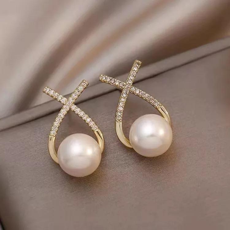 AVR JEWELS Korean Studded Cross Pearl Stud Earrings For Women And Girls 2 Pcs/Set Studs glitstudio   