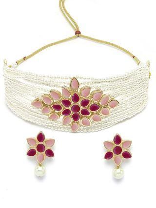 Karatcart Gold Plated Pearl Beaded Royal Pink and Baby Pink Kundan Stone Choker Necklace Set  Glitstudio   