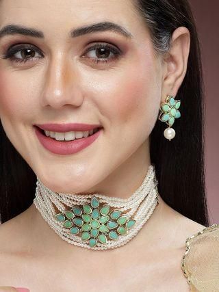 Karatcart Gold Plated Pearl Beaded Light Blue and Light Green Kundan Stone Choker Necklace Set  Glitstudio   