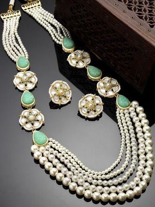 Karatcart Pearl Beaded Light Green Carved Stone Kundan Rani Haar Necklace Set for Women  Glitstudio   