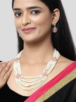 Karatcart Pink Carved Stone Studded Pearl Beaded Rani Haar Necklace Set for Women  Glitstudio   