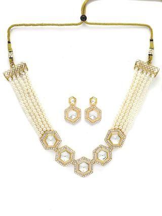 Karatcart Pearl Beaded Hexagonal Polki Kundan Necklace Set for Women  glitstudio   