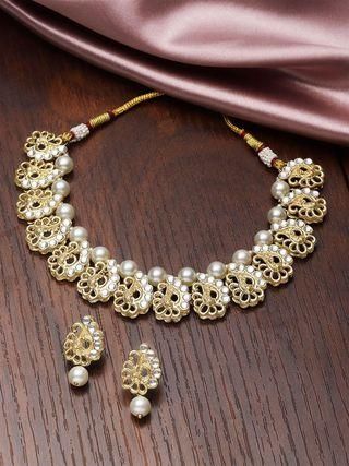 Karatcart Gold Plated Peacock Design Kundan and Pearl Choker Necklace Set for Women  glitstudio   