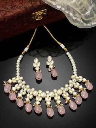 Karatcart Gold Plated Pink Tumble and Pearl Studded Kundan Necklace Set  Glitstudio   