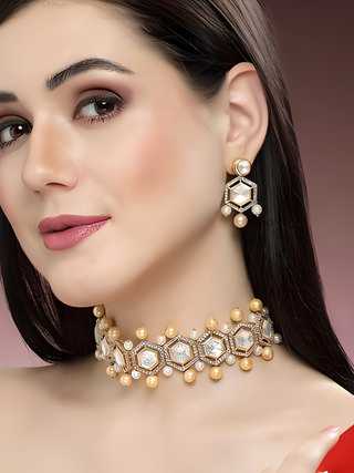 Karatcart Golden Pearl Studded Polki Kundan Choker Necklace Set for Women  glitstudio   