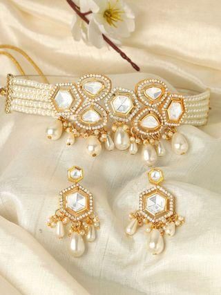 Karatcart Pearl Beaded Polki Kundan Choker Necklace Set for Women  glitstudio   