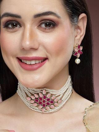 Karatcart Gold Plated Pearl Beaded Royal Pink and Baby Pink Kundan Stone Choker Necklace Set  Glitstudio   