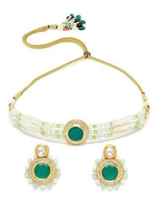 Karatcart Lime Green Beads and Pearl Beaded Green Polki Kundan Choker Necklace Set  Glitstudio   