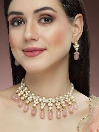 Karatcart Gold Plated Pink Tumble and Pearl Studded Kundan Necklace Set  Glitstudio   