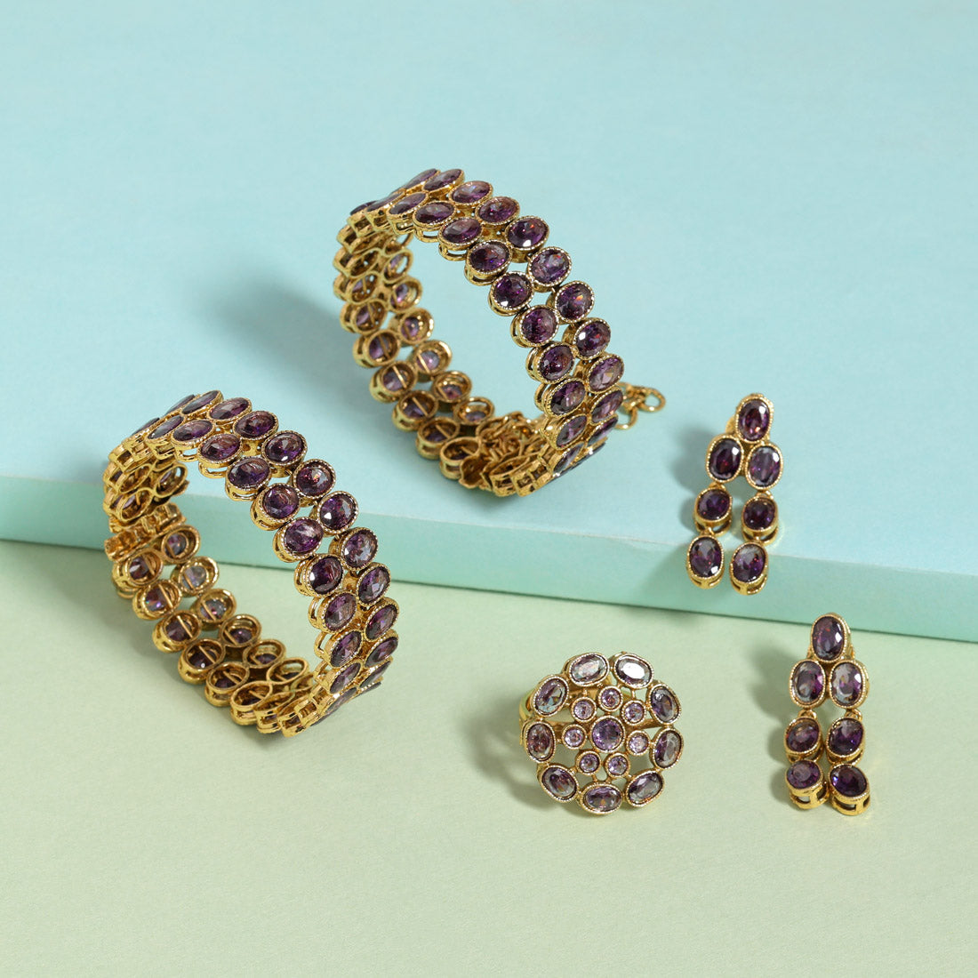 Purple Color 1 Pair Of American Diamond Bracelet & Ring & Earrings (ADB102CMB) Bracelets GetGlit   