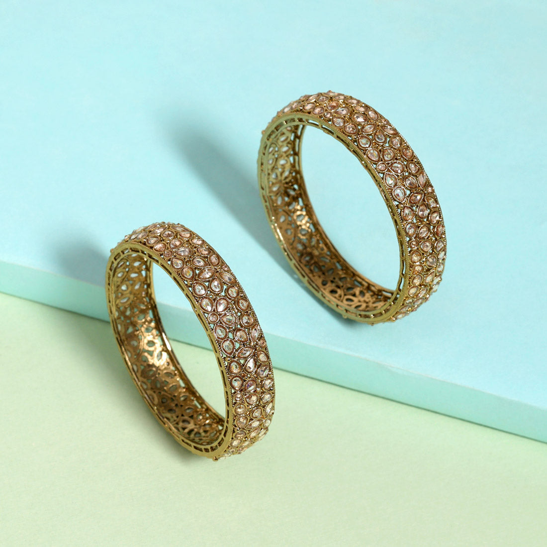 Gold Color 1 Pair Of American Diamond Bangle Size: 2.10 (ADB294GLD-2.10) Bracelets GetGlit   