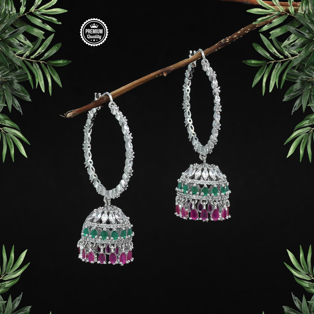 Maroon & Green Color American Diamond Earrings (ADE248MG) Earrings GetGlit   