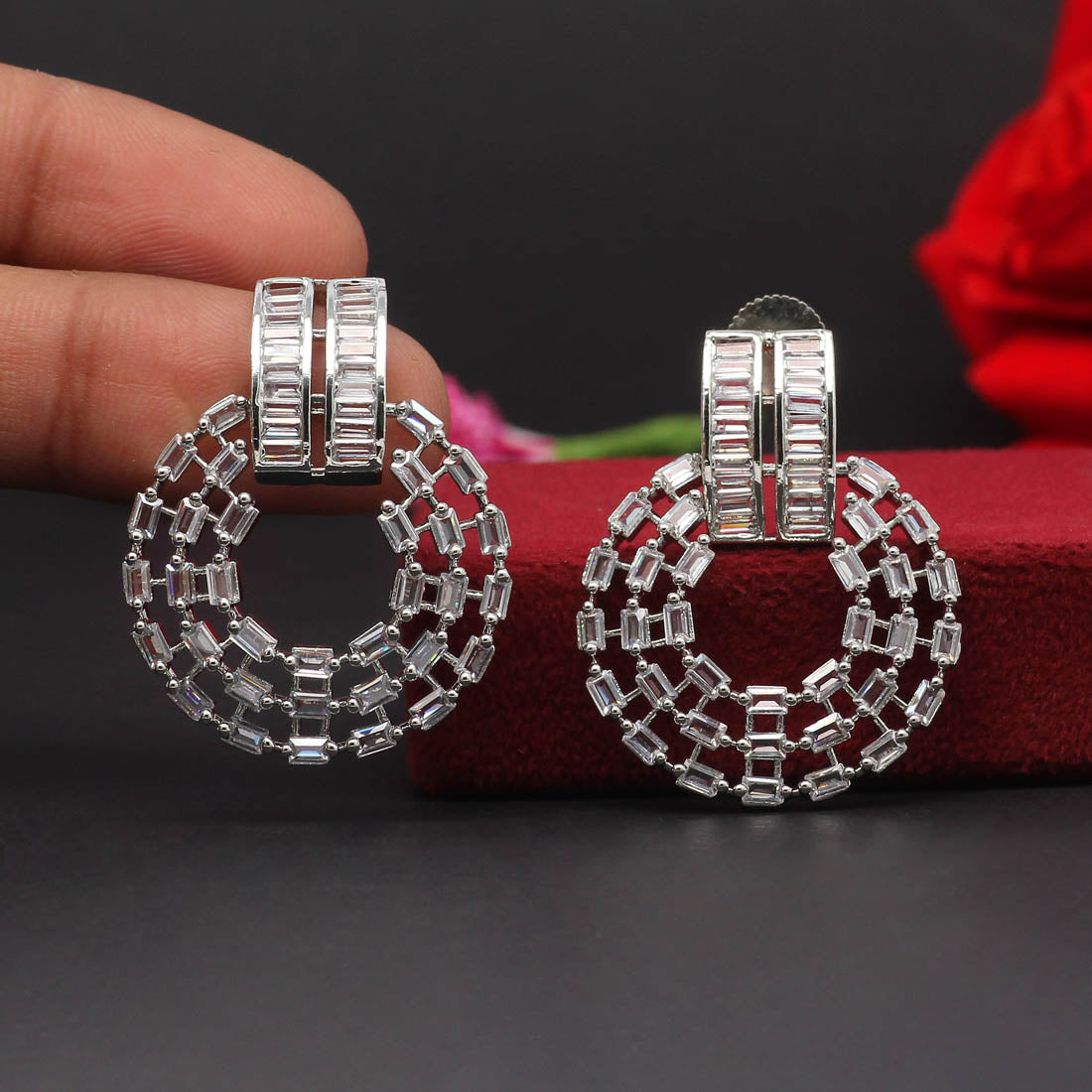 Silver Color Premium American Diamond Earrings