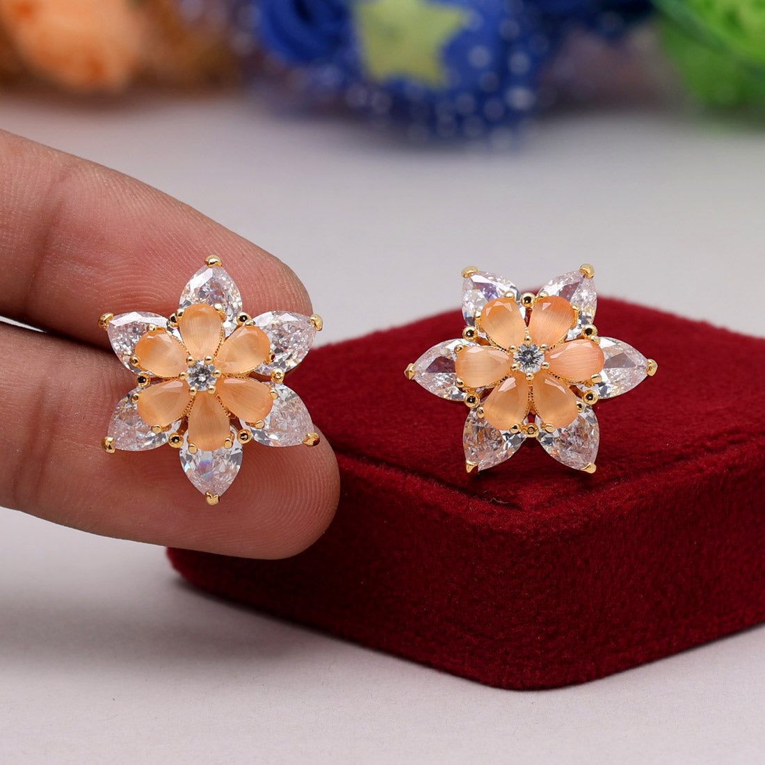 Peach Color American Diamond Stud Earrings (ADE420PCH) Jewelry GetGlit   