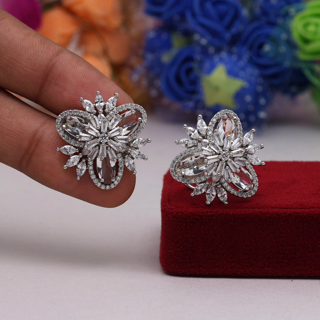 Silver Color American Diamond Stud Earrings (ADE422SLV) Jewelry GetGlit   