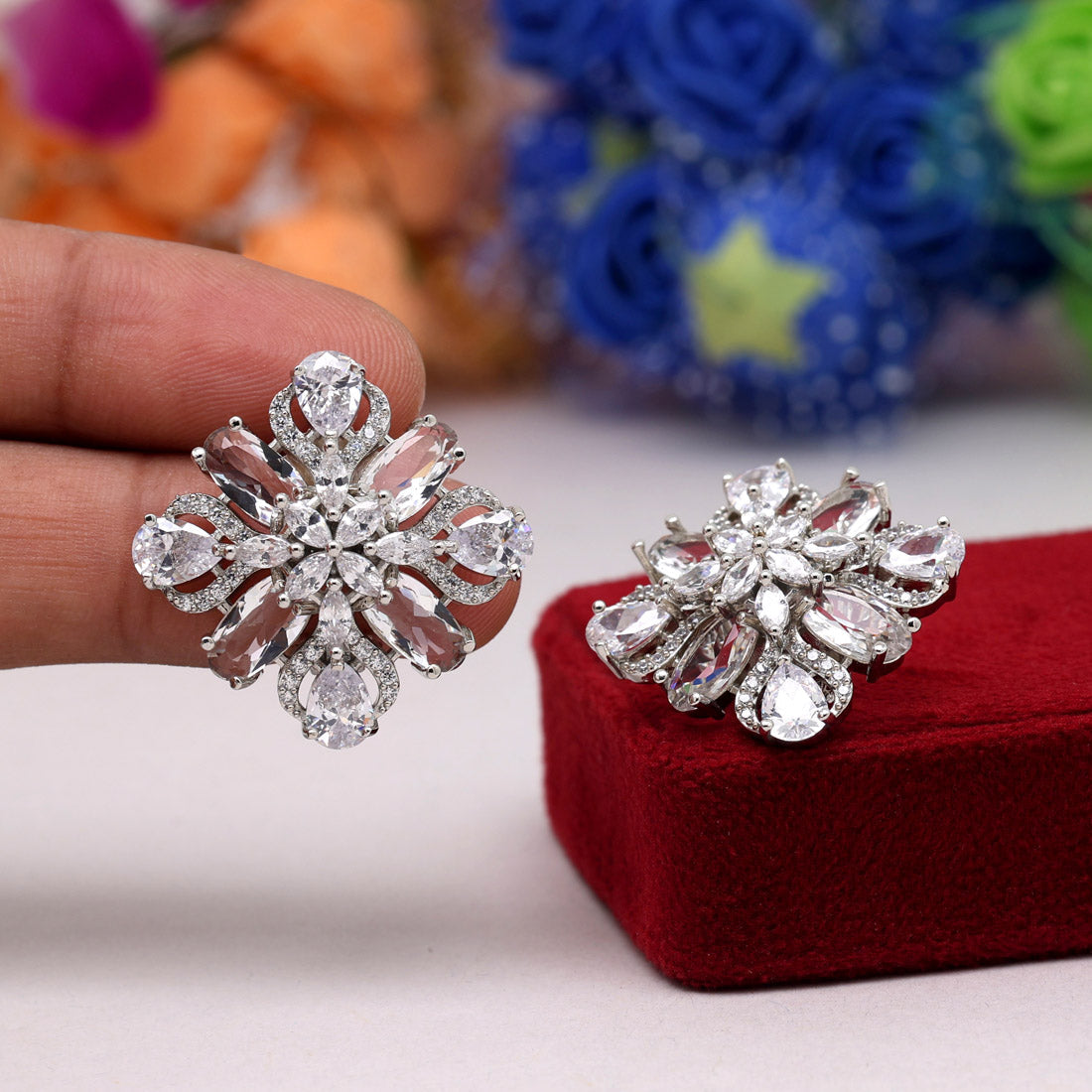 Silver Color American Diamond Stud Earrings (ADE429SLV) Jewelry GetGlit   