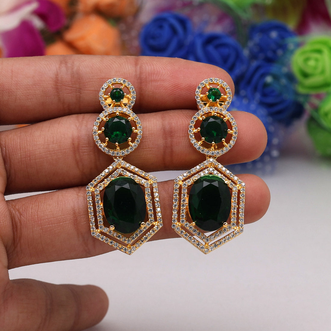 Green Color American Diamond Earrings (ADE438GRN) Jewellery GetGlit   