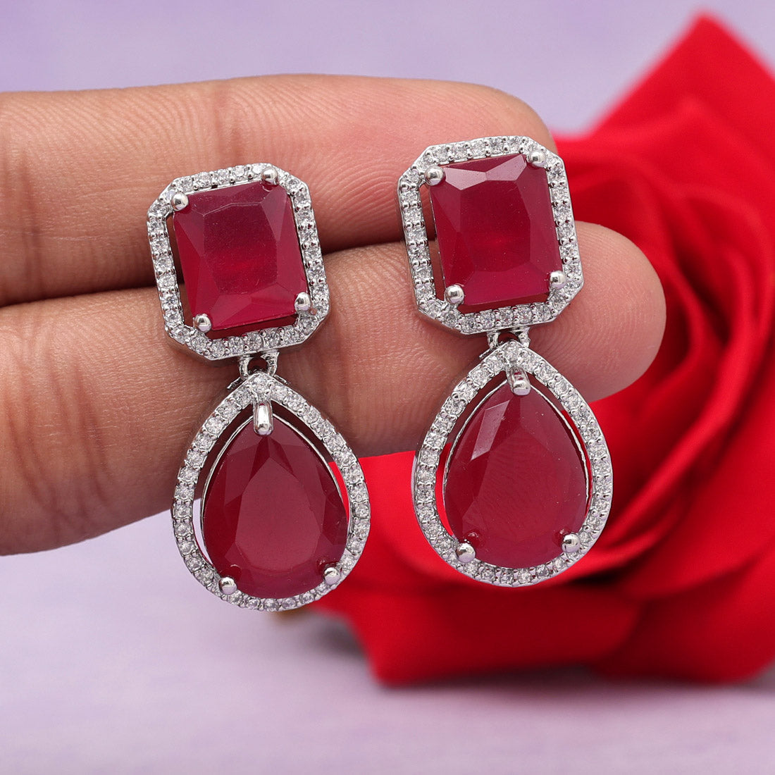 Maroon Color American Diamond Earrings Jewellery GetGlit