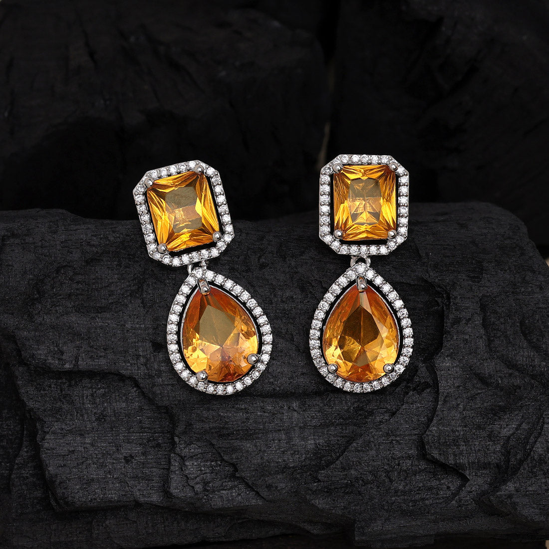 Mustard Yellow Color American Diamond Earrings