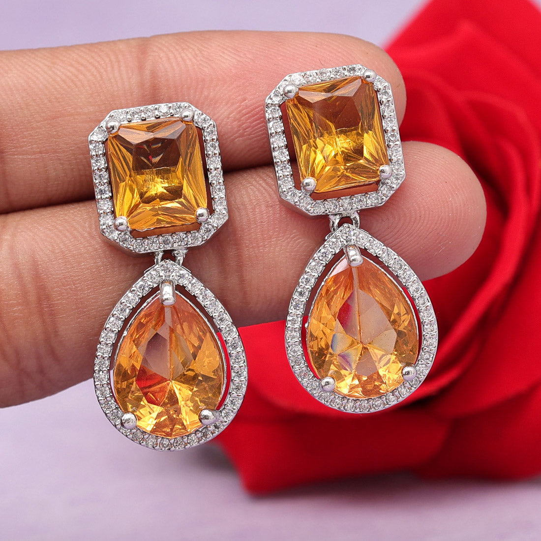 Mustard Yellow Color American Diamond Earrings