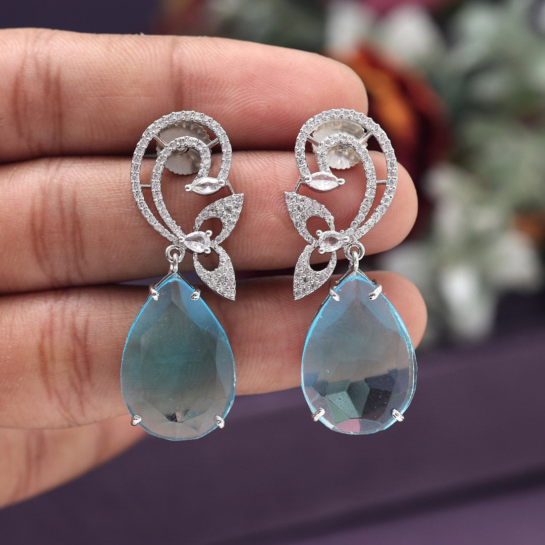 Sky Blue Color American Diamond Earrings Jewellery GetGlit