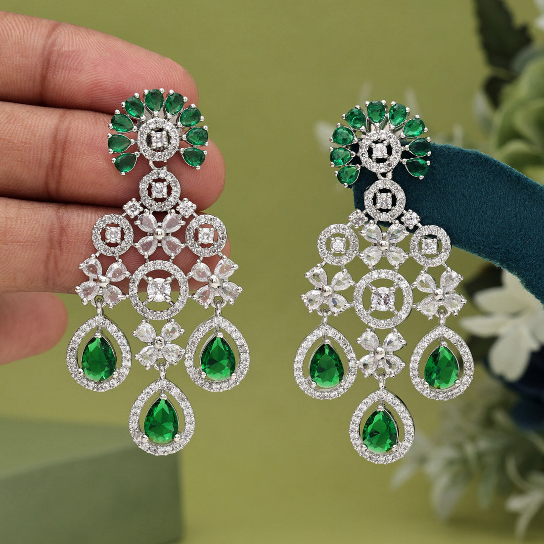 Green Color American Diamond Earrings Jewellery GetGlit