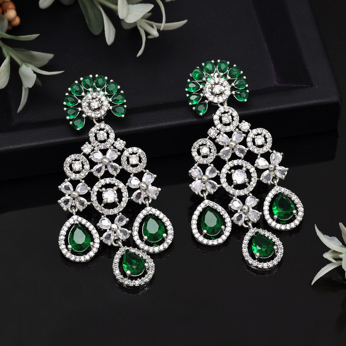 Green Color American Diamond Earrings Jewellery GetGlit