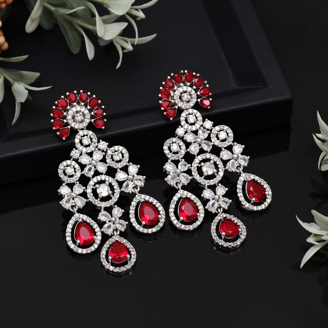 Red Color American Diamond Earrings