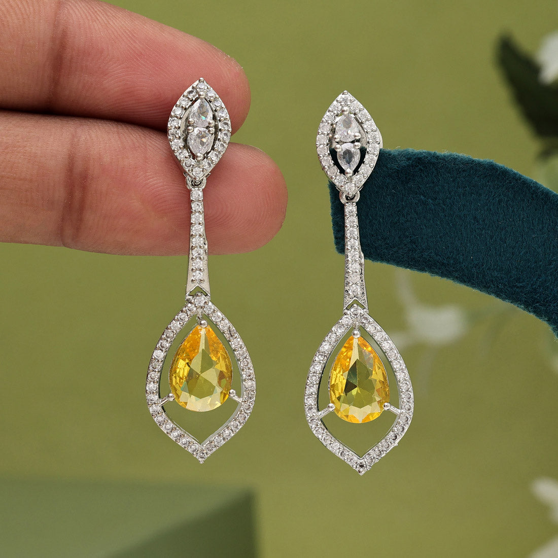 Yellow Color American Diamond Earrings