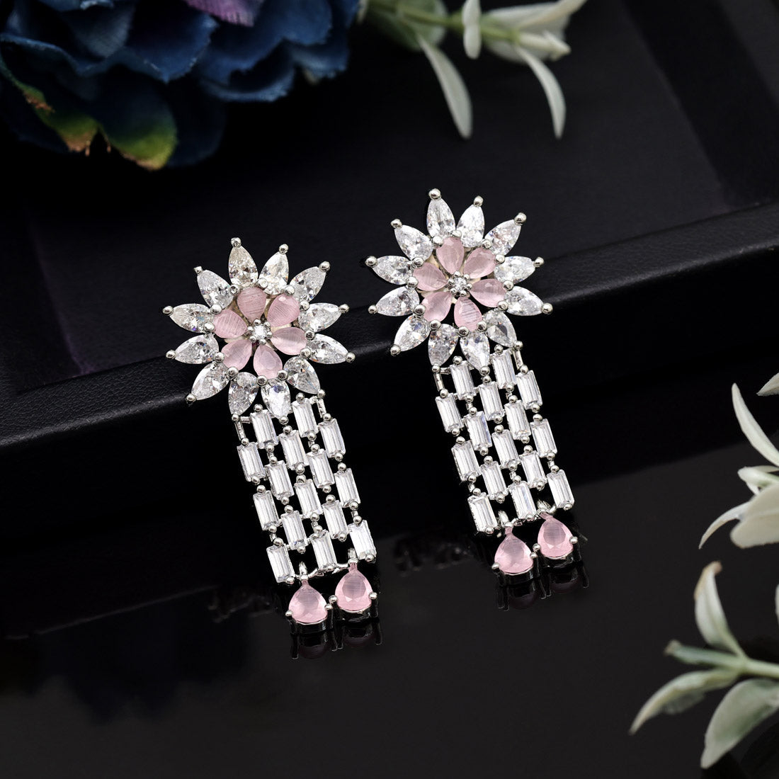 Pink Color American Diamond Earrings