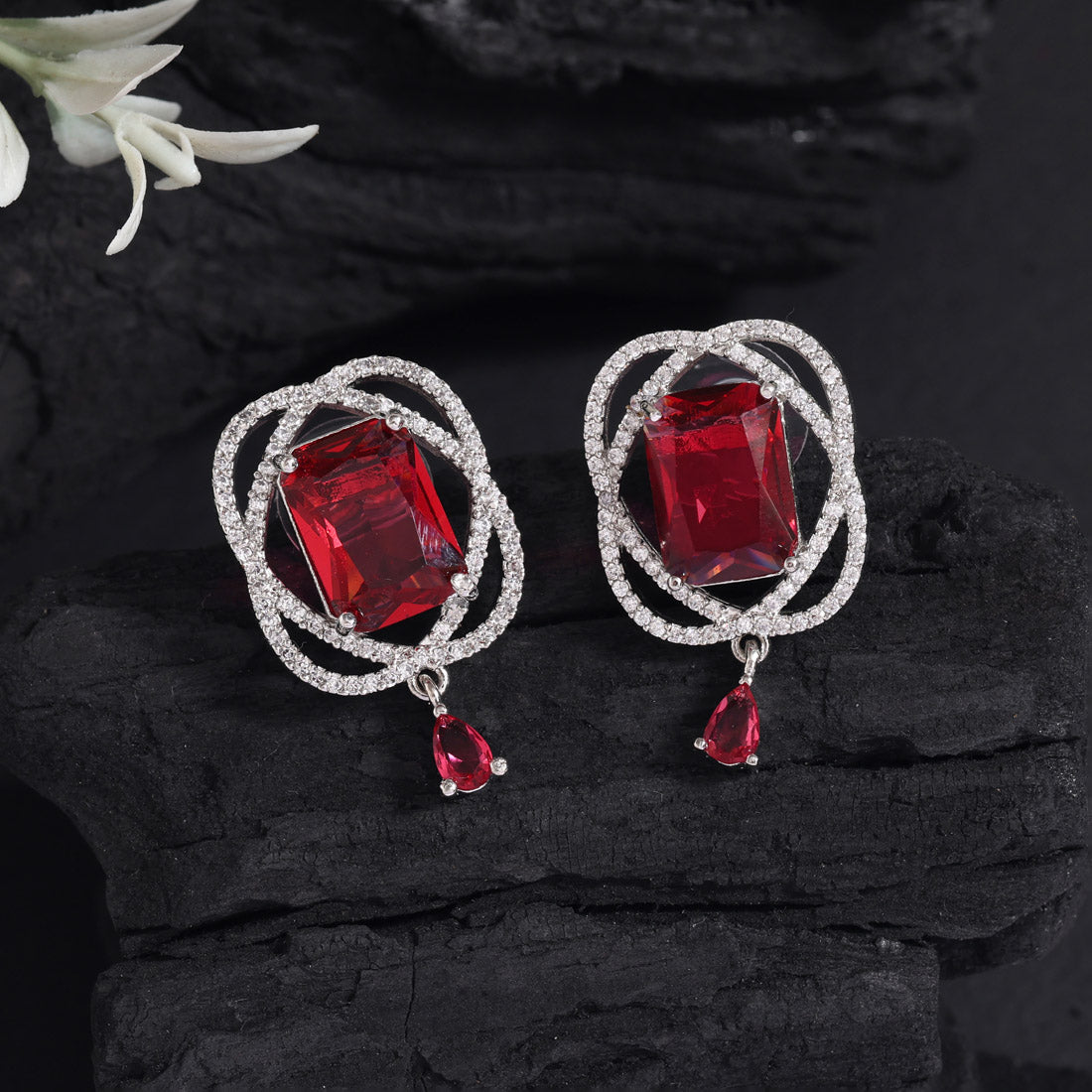 Ruby Color American Diamond Earrings (ADE590RUBY) Jewellery GetGlit