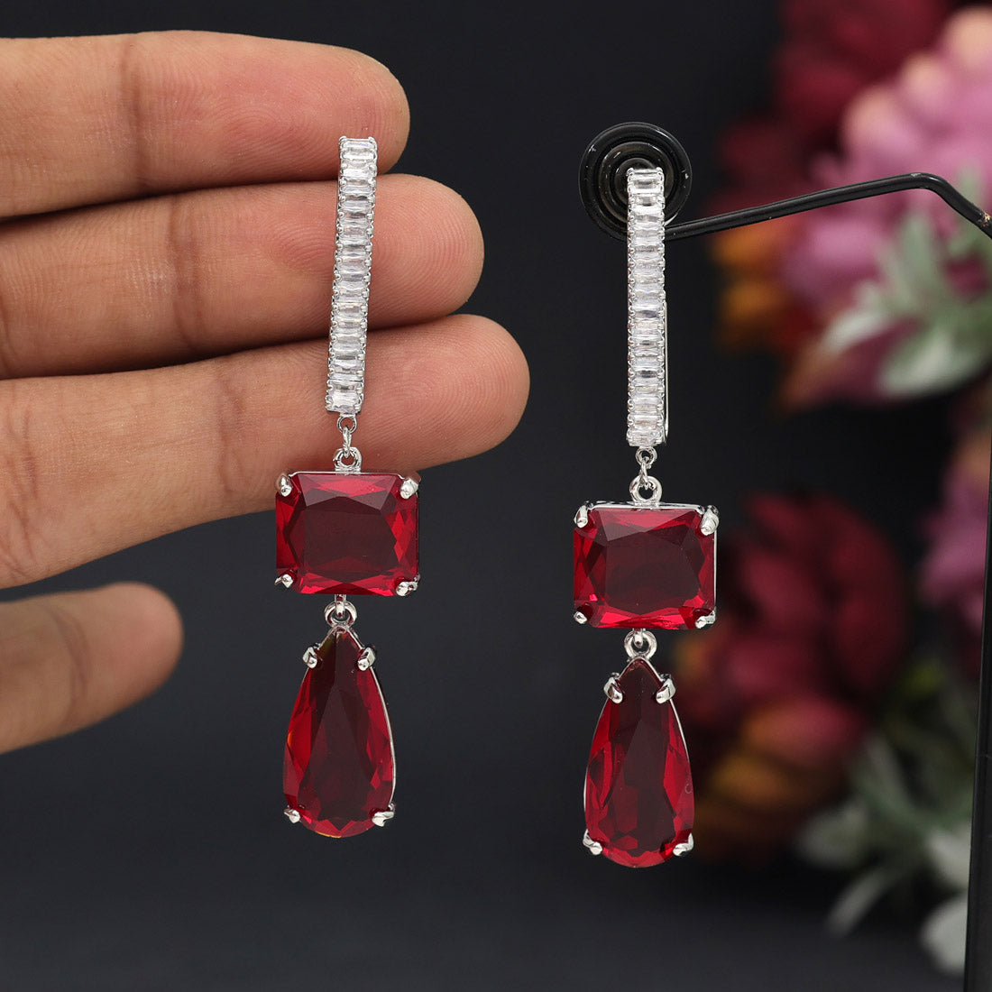 Red Color American Diamond Earrings (ADE594RED) Jewellery GetGlit