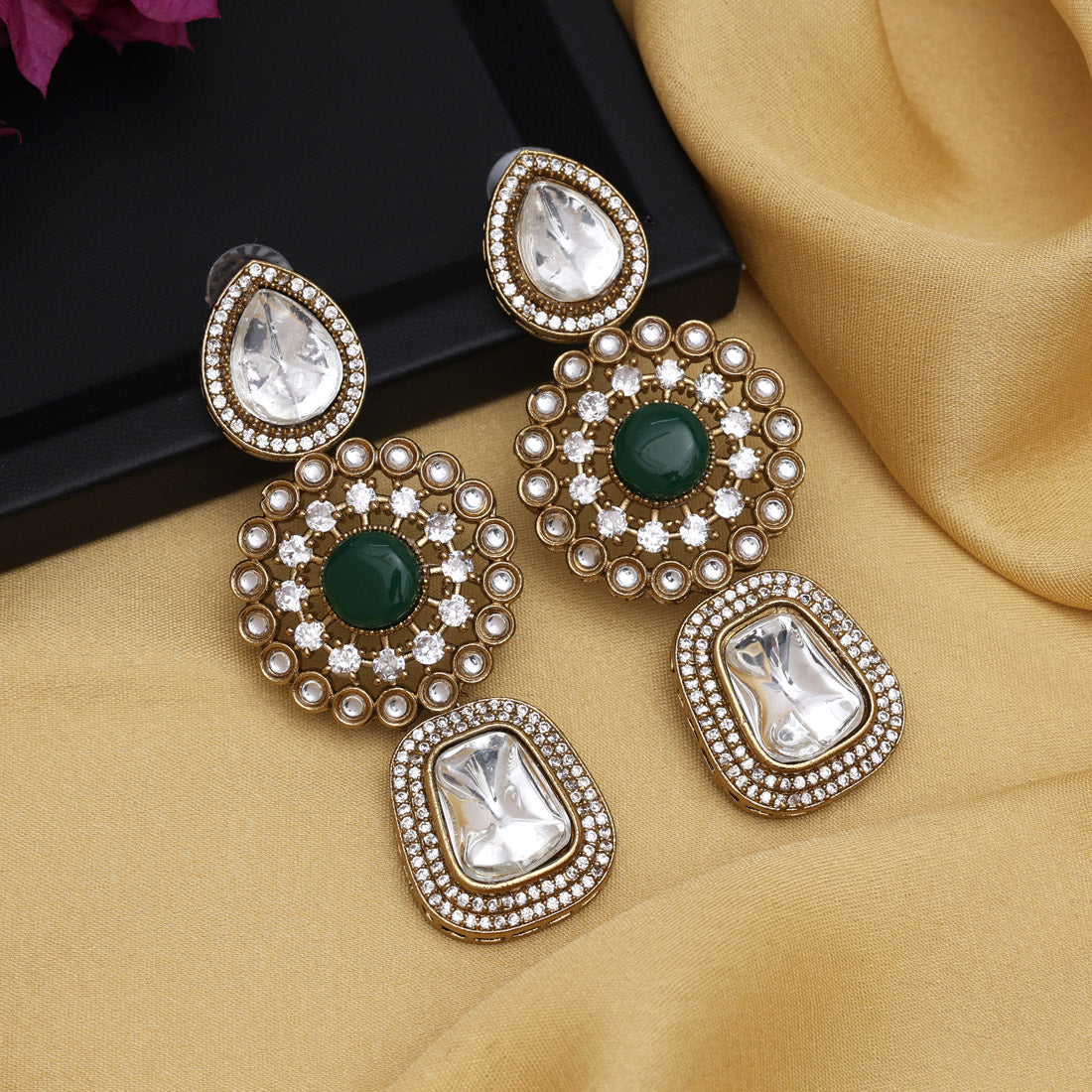 Green Color Royal Look Handmade Jaipur Earrings On Brass Metal With Moissanite Kundan And Monalisa Stones Studded On Apala Polish (ADE608GRN)