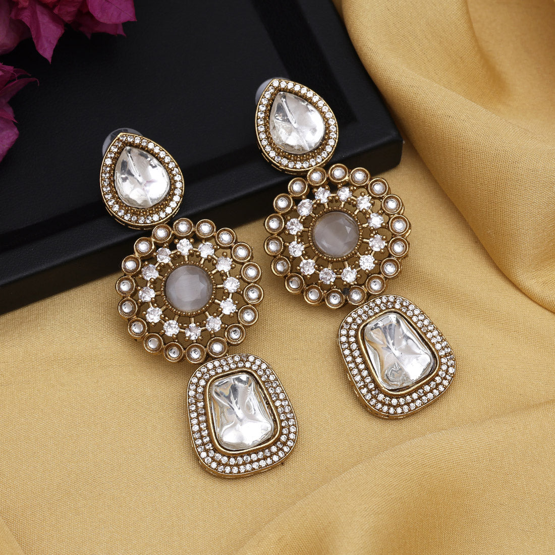 Off White Color Royal Look Handmade Jaipur Earrings On Brass Metal With Moissanite Kundan And Monalisa Stones Studded On Apala Polish (ADE608OWHT)