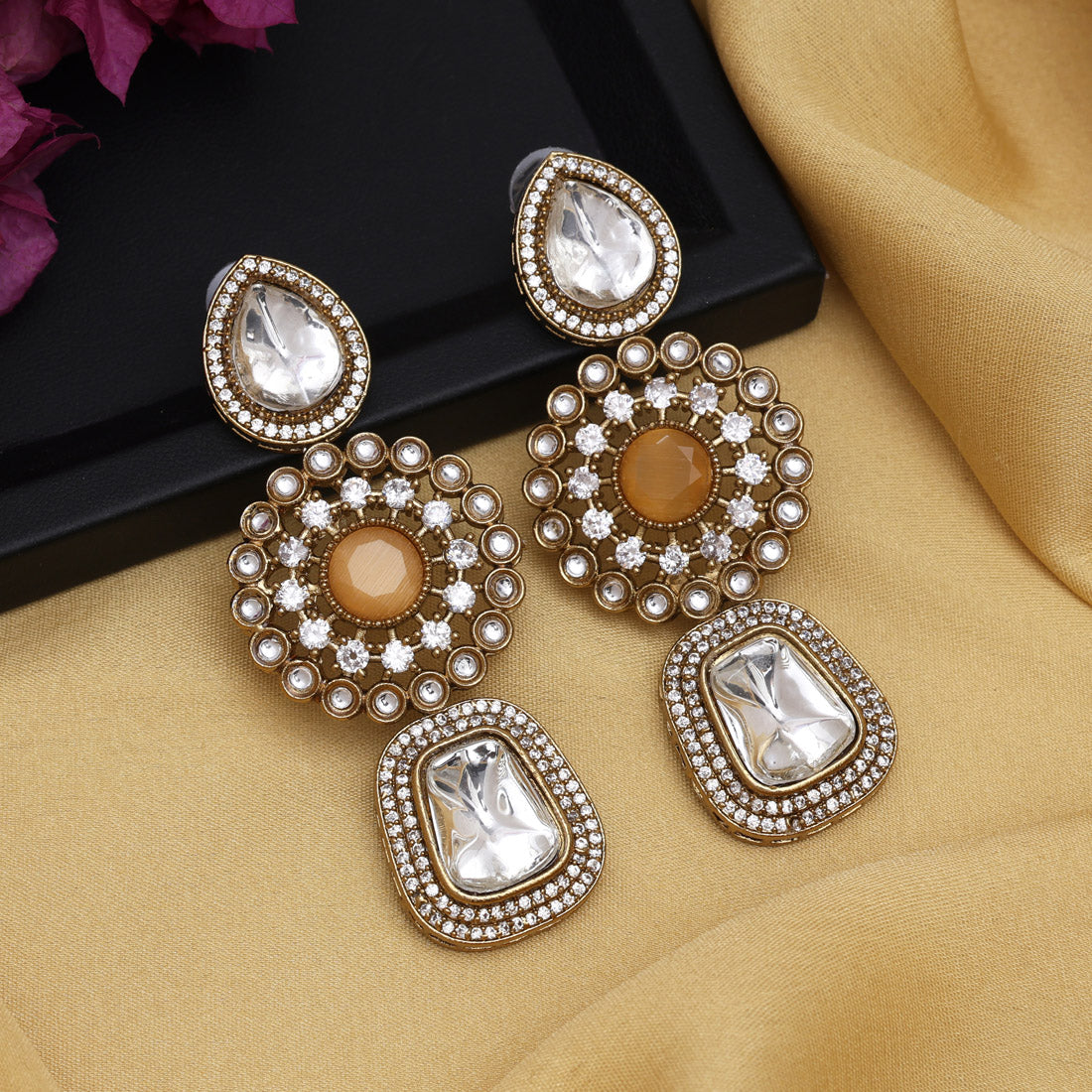 Peach Color Royal Look Handmade Jaipur Earrings On Brass Metal With Moissanite Kundan And Monalisa Stones Studded On Apala Polish (ADE608PCH)