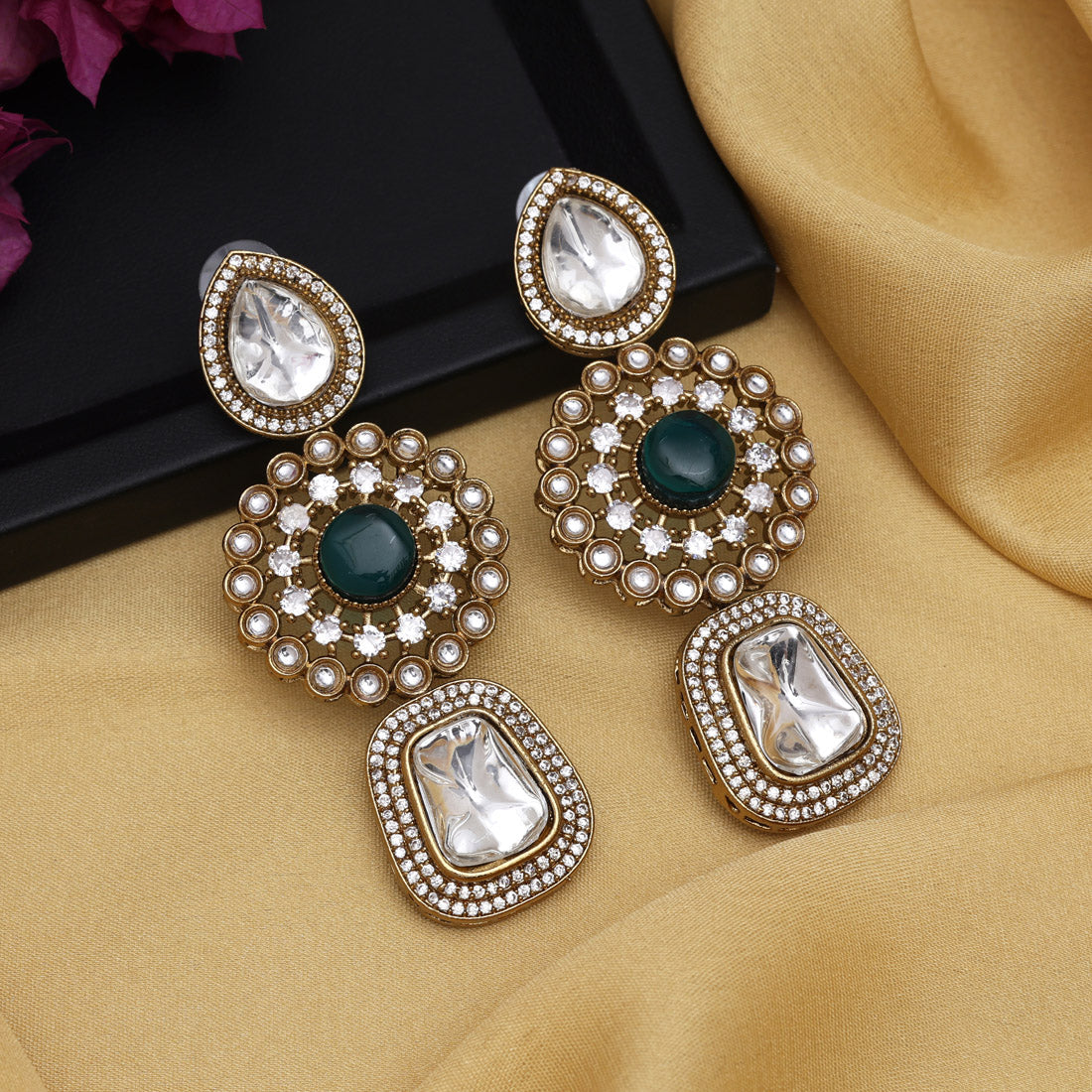 Turquoise Blue Color Royal Look Handmade Jaipur Earrings On Brass Metal With Moissanite Kundan And Monalisa Stones Studded On Apala Polish (ADE608TBLU)