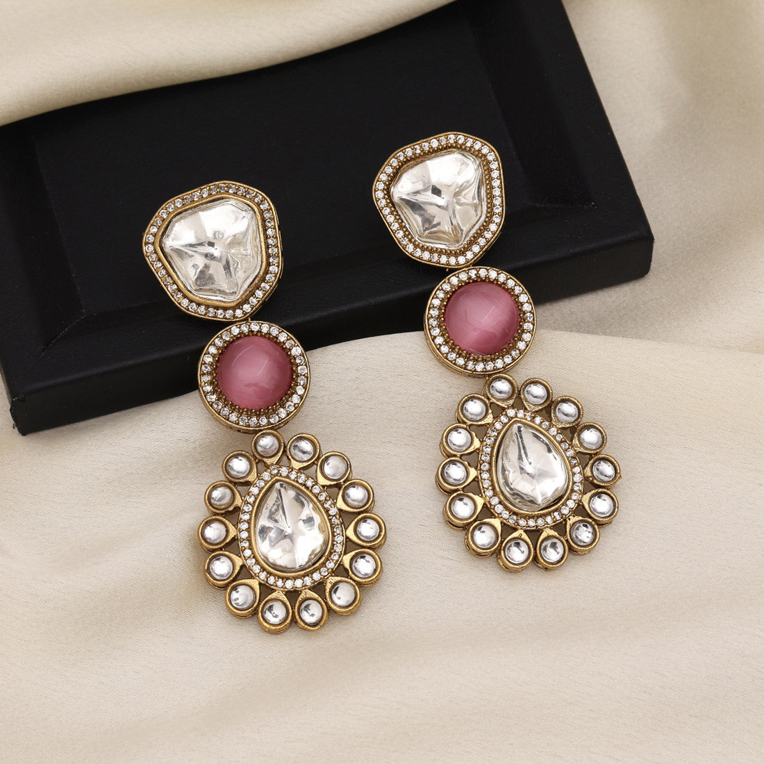 Pink Color Royal Look Handmade Jaipur Earrings On Brass Metal With Moissanite Kundan And Monalisa Stones Studded On Apala Polish (ADE609PNK) Jewellery GetGlit