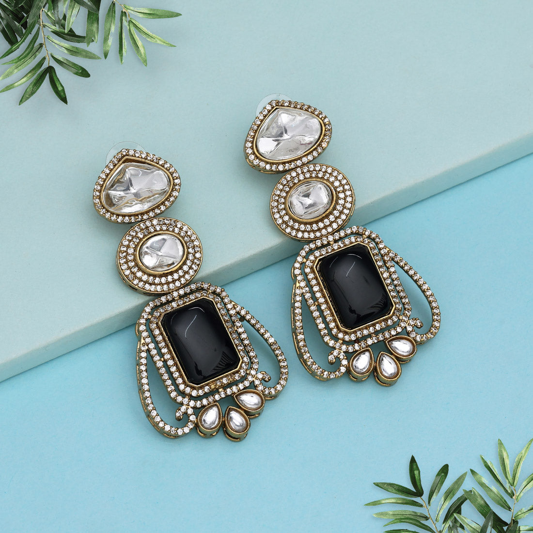 Black Color Royal Look Handmade Jaipur Earrings On Brass Metal With Moissanite Kundan And Monalisa Stones Studded On Apala Polish (ADE610BLK) Jewellery GetGlit