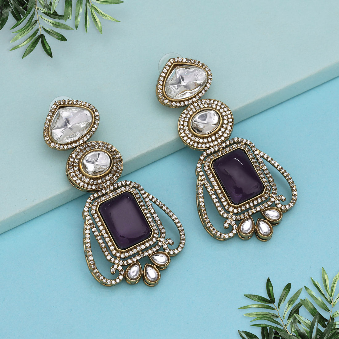 Light Purple Color Royal Look Handmade Jaipur Earrings On Brass Metal With Moissanite Kundan And Monalisa Stones Studded On Apala Polish (ADE610LPRP) Jewellery GetGlit