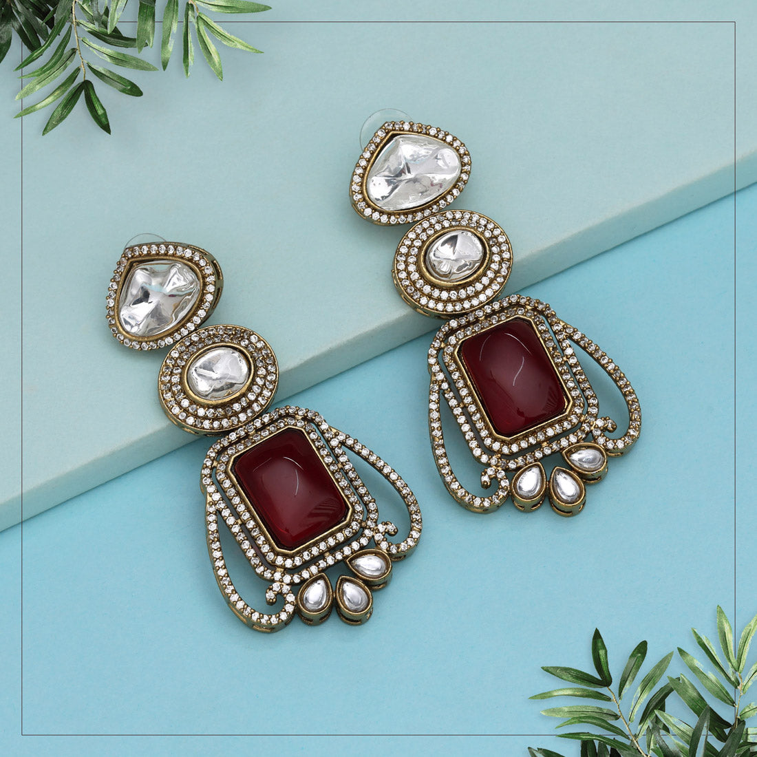 Red Color Royal Look Handmade Jaipur Earrings On Brass Metal With Moissanite Kundan And Monalisa Stones Studded On Apala Polish (ADE610RED)