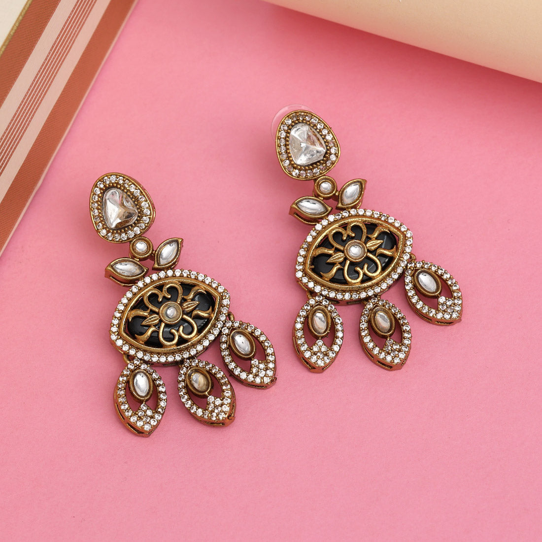 Black Color Royal Look Handmade Jaipur Earrings On Brass Metal With Moissanite Kundan Andad Stones Studded On Apala Polish (ADE612BLK) Jewellery GetGlit